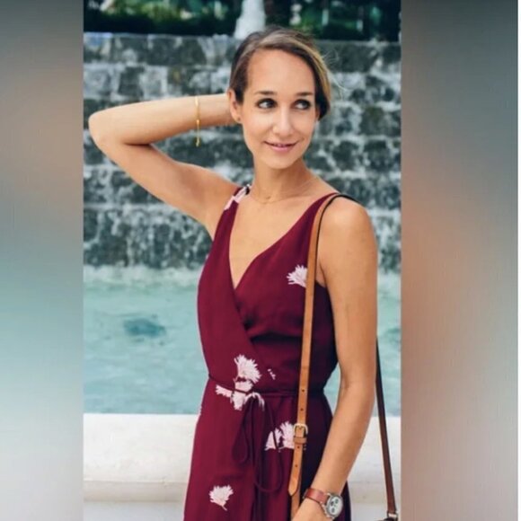 Ann Taylor Summer Blossom Oxblood Maroon Midi Tie Wrap Dress 2P - Picture 6 of 14